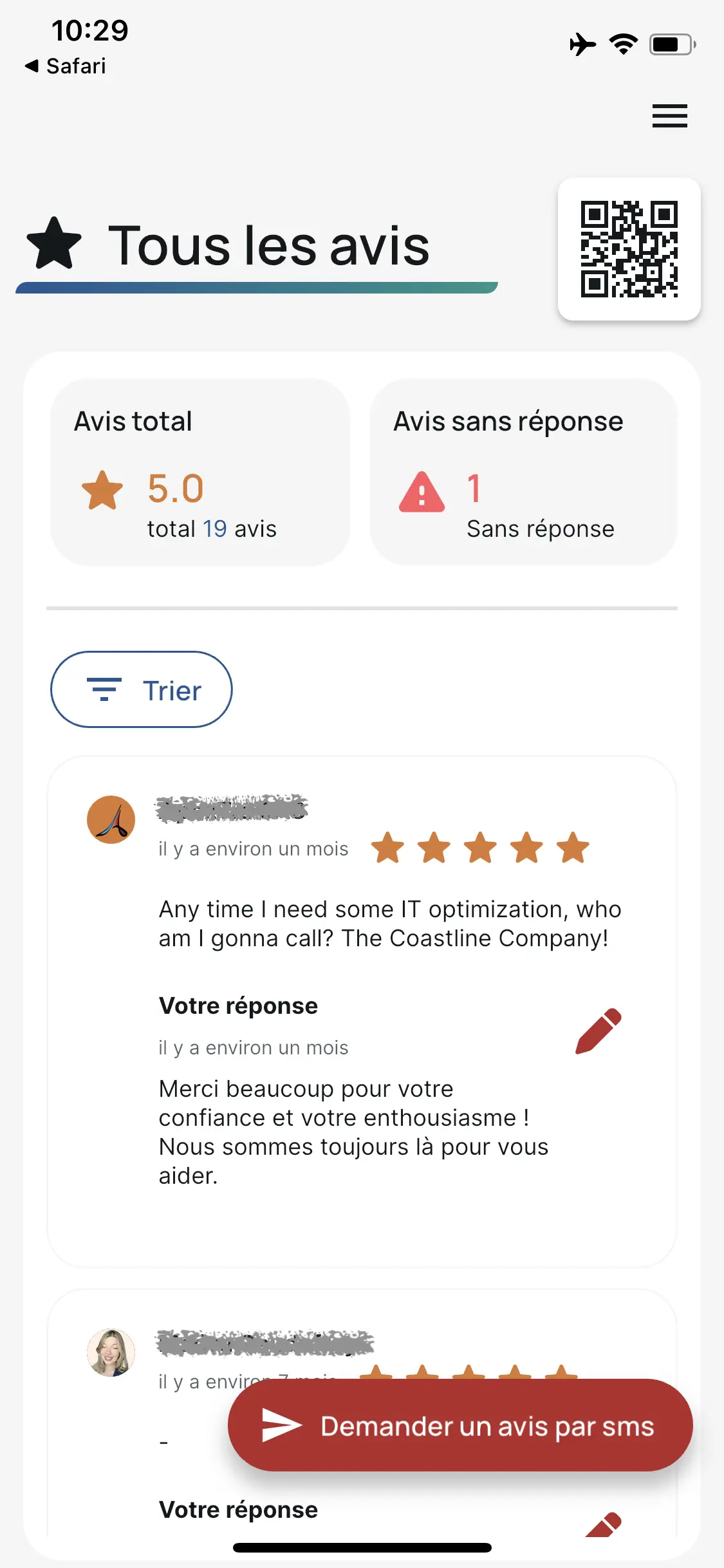 Application mobile EasyReviews - Gestion avis Google et envoi SMS